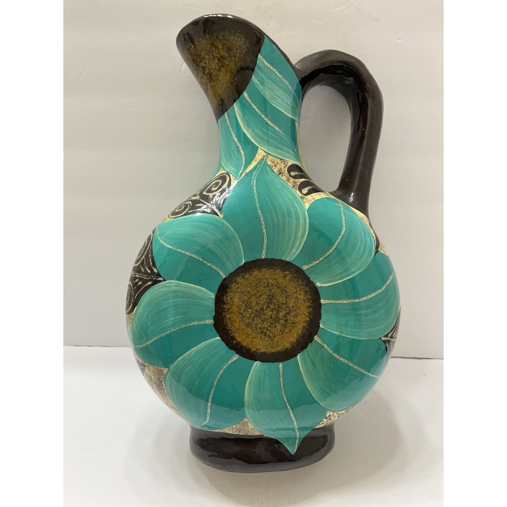 Hand Painted Ceramic Floral Pitcher Vase Turquoise Brown 14.5x10" Mexico 2014